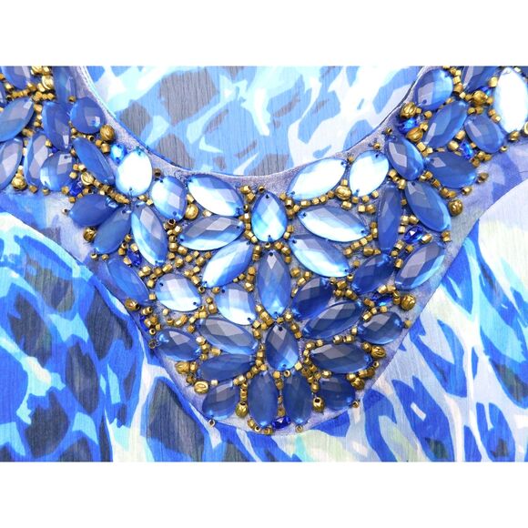 Cache Woman's Beaded Sheer Peasant Top Blue Abstract Leopard Print Sz. L Boho - Picture 3 of 8
